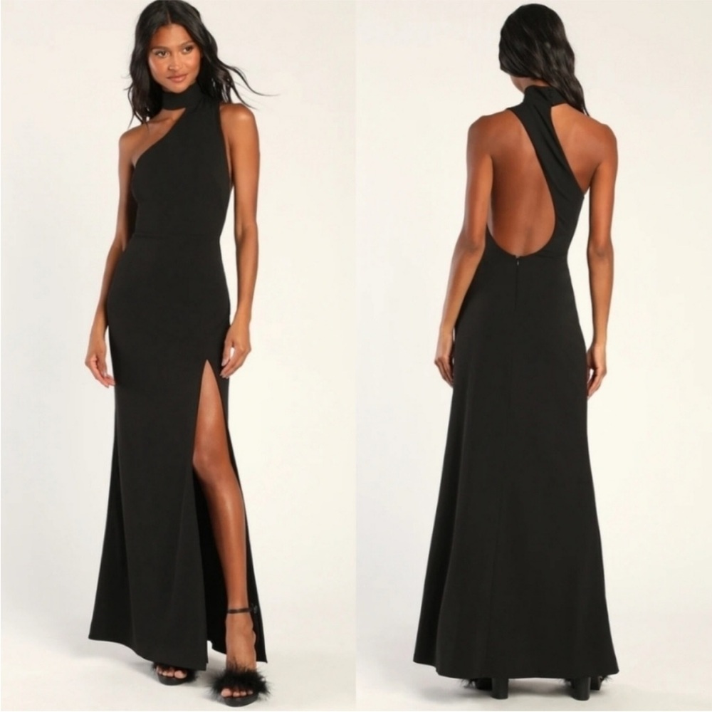 NWT lulus Keep It Interesting Black Asymmetrical Cutout Halter Maxi Dress Small